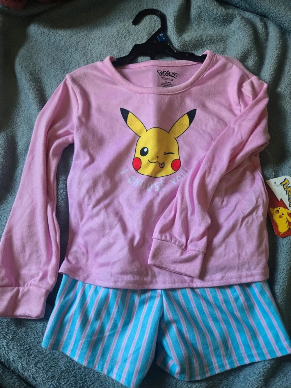 Pokemon Pink Long-Sleeve Pikachu Pajama Set with Blue Striped Shorts